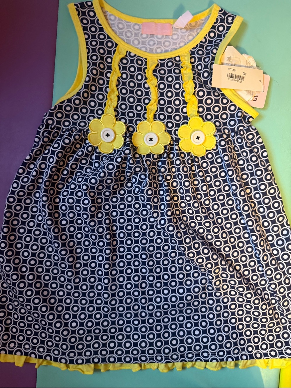 Navy Circle Print Tank Dress with Yellow Flower Trim